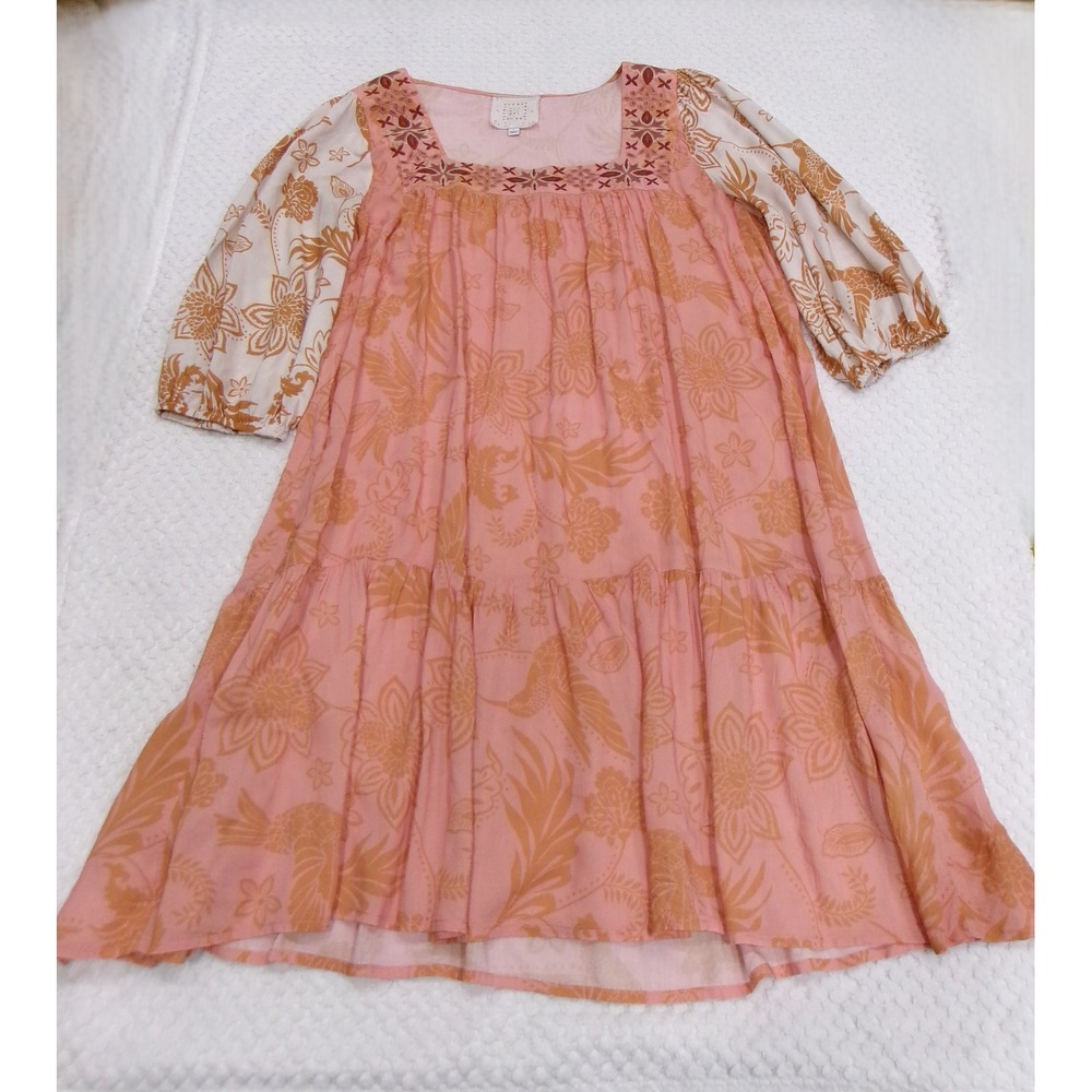 Johnny Was‎ Jade Coral Pink Floral Tiered Mini Dress L33522-2 Boho Embroidered L